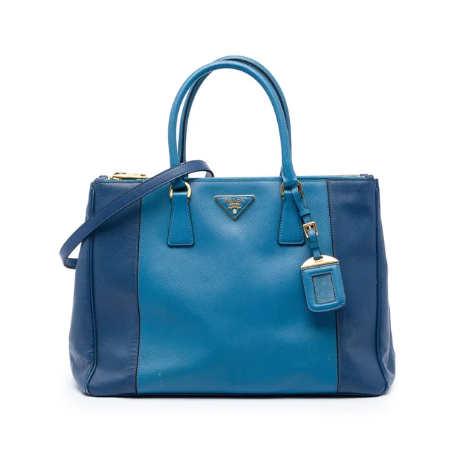 Blue Prada Large Bicolor Saffiano Lux Galleria Double Zip Satchel in Blue Saffiano leather from Designer Revival