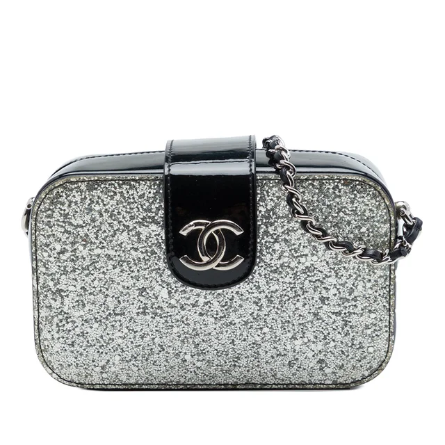 Black Chanel Glitter Patent Evening On The Moon Camera Case Crossbody Bag in Black Patent leather from Designer Revival