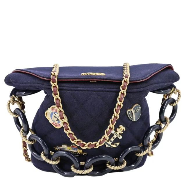 Chanel Paris Hamburg Charms Quilted Wool Bucket Bag Dark Navy from Dallas Designer Handbags