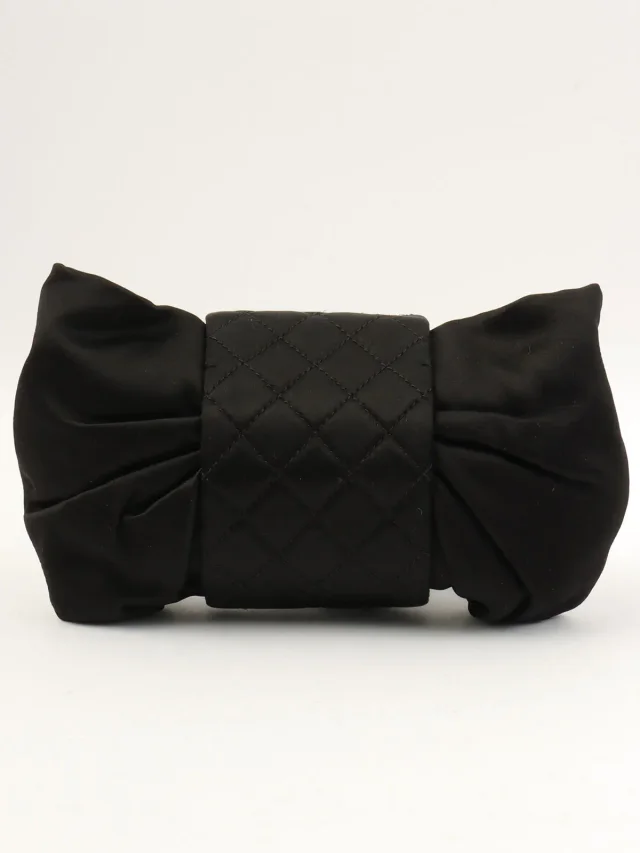 Chanel 2008 Vintage Satin 2.55 Ribbon Chain Shoulder Bag Black in Black Satin from VINTAGE QOO TOKYO, photo 2 of 11