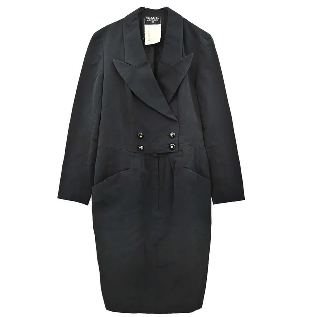 Chanel Double Breasted Long Sleeve Dress Black #40 in Black from AMORE Vintage Tokyo