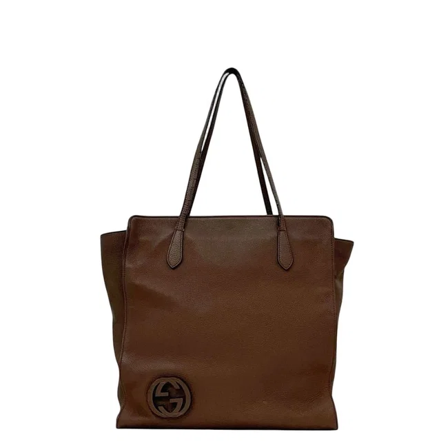 Gucci Tote Bag Brown Interlocking G Leather Logo Gray in Brown Leather from The Reluxe