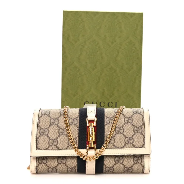 Gucci GG Supreme Monogram Textured Calfskin Web Jackie 1961 Chain Wallet Beige Ebony Mystic White in White Calfskin from FASHIONPHILE, photo 12 of 12