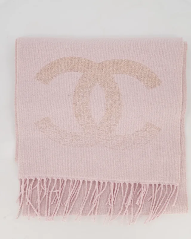 Chanel Baby Pink Fringe Scarf with Glitter CC Logo in Pink Cashmere from Sellier, photo 4 of 5