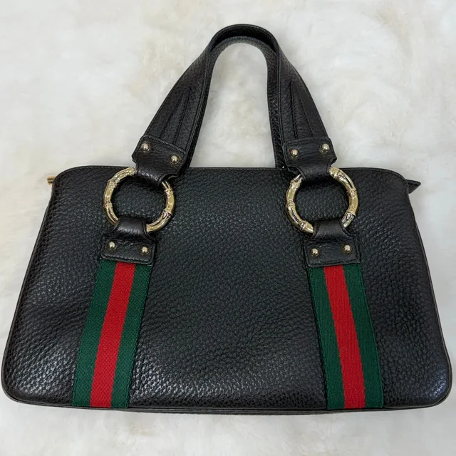 Gucci Black Pebbled Leather Vintage Sherry Line and Bamboo Ring Hand Bag in Black Leather from SparklesnDreams