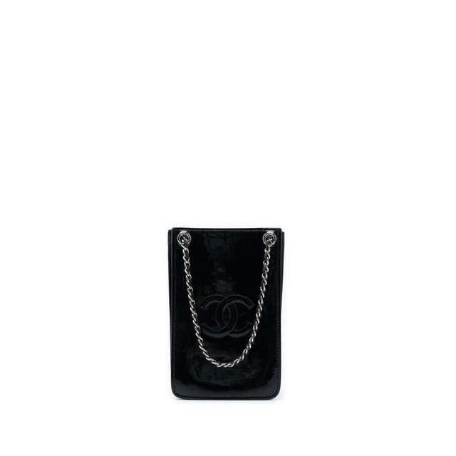 Black Chanel CC Patent Phone Holder Crossbody in Black Patent leather from Designer Revival