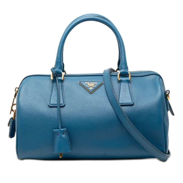 Blue Prada Saffiano Lux Boston Bag Satchel in Blue Saffiano leather from Designer Revival