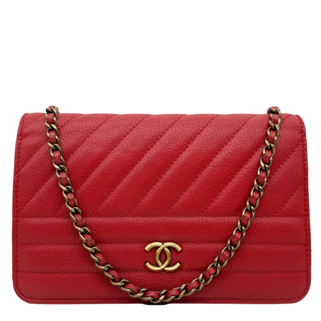 Chanel CC Diagonal Goatskin Leather Wallet On Chain Red in Red Goatskin from Dallas Designer Handbags