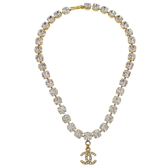 Chanel CC Chain Pendant Necklace Gold Rhinestone in Gold from AMORE Vintage Tokyo
