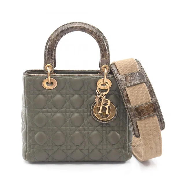 Handbag Lady Dior Khaki Leather Exotic Leather Cannage 2-Way in Green Leather from The Reluxe