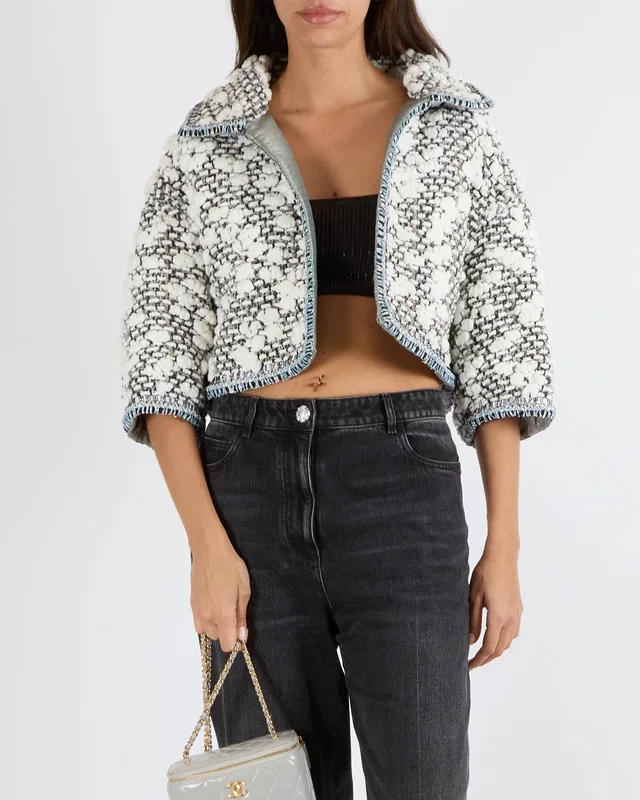 Chanel FW/2014 Grey and White Tweed 3D Cloud Fantasy Cropped Jacket with Silver Holographic Trims and… in White Tweed from Sellier