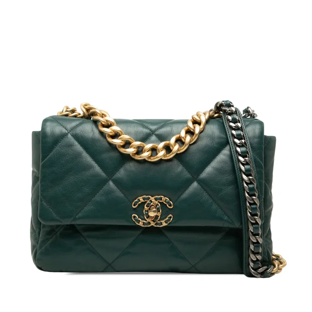 Green Chanel Large Lambskin 19 Flap Satchel in Green Lambskin from Designer Revival
