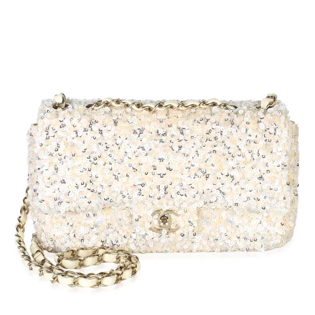 Chanel Cream Silver Sequin Small Single Flap Bag in White Leather from myGemma