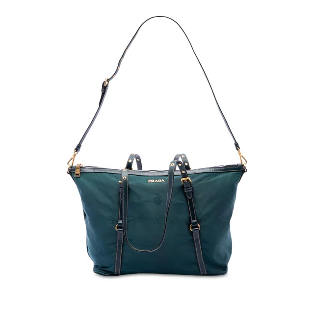 Green Prada Saffiano Trimmed Tessuto Satchel in Green Saffiano leather from Designer Revival
