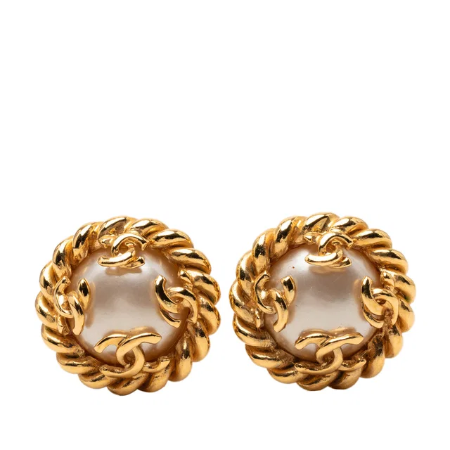 Gold Chanel CC Gold Plated Faux Pearl Clip On Earrings in Gold from Designer Revival