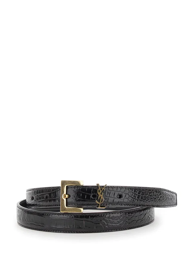 Saint Laurent Cassandre-Buckle Croco-Printed Belt — Brown Leather in Brown Leather from HEWI
