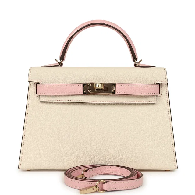 Hermès Special Order (HSS) Kelly Sellier 20 Craie, Rose Sakura Chevre Mysore Permabrass Hardware in White Goatskin from Madison Avenue Couture