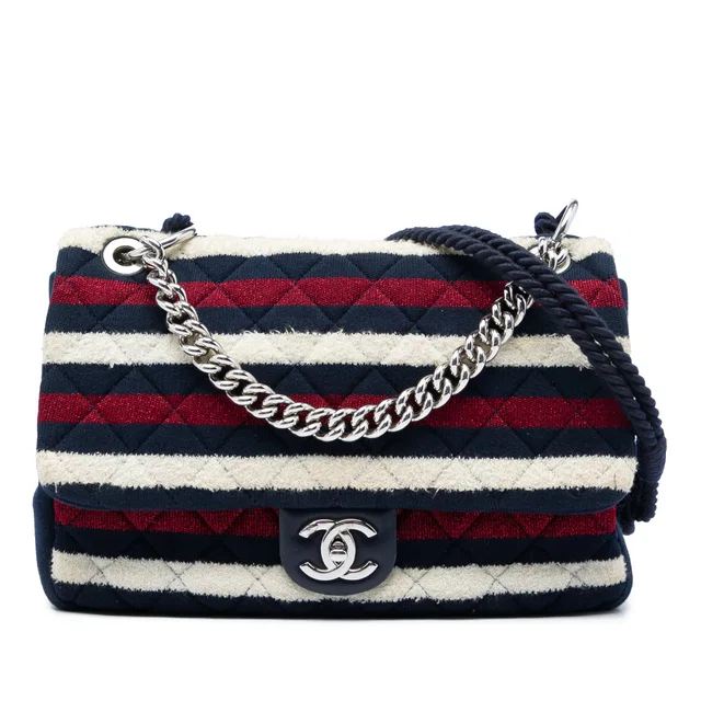 Blue Chanel Jumbo Stripe Jersey Felt and Rope Flap Satchel in Blue from Designer Revival