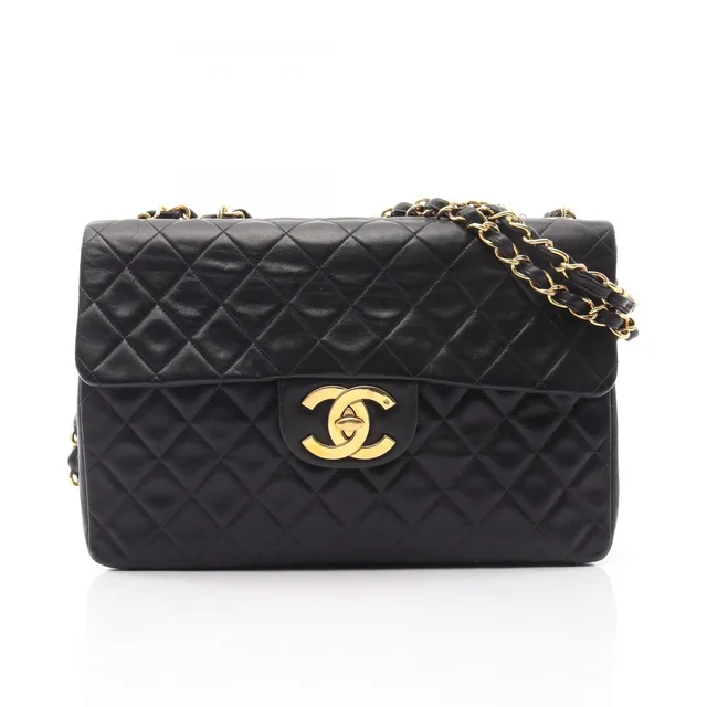 Chanel Shoulder Bag Maxi Quilted 34 Black Lambskin Chain in Black Lambskin from The Reluxe