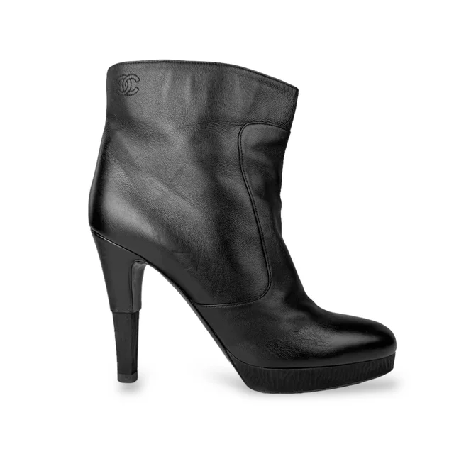 Chanel Fall/Winter Black Leather Logo Heeled Ankle Boots in Black Leather from Designer Archives