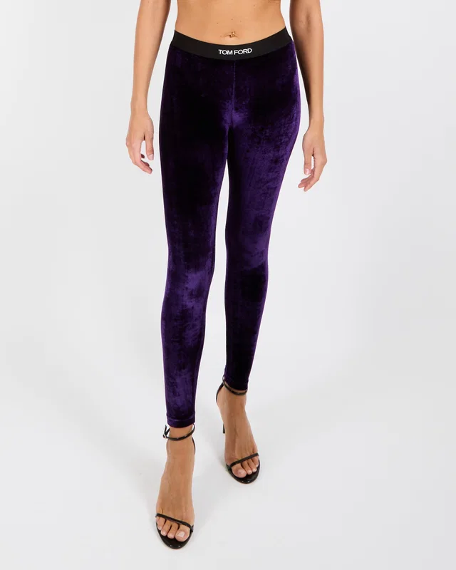 Tom Ford Purple Velvet Leggings with Waistband Black Logo Detail Size S (UK 6/8) in Black Velvet from Sellier