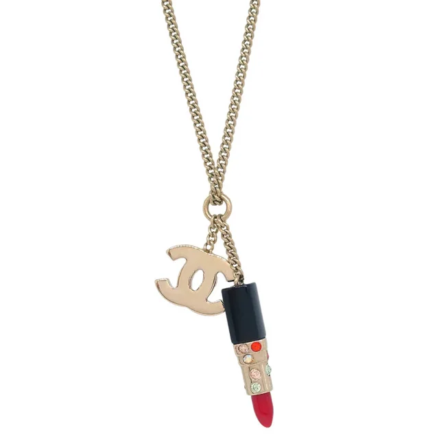 Chanel Lipstick Gold CC Pendant Necklace Rhinestone 04A in Gold from AMORE Vintage Tokyo