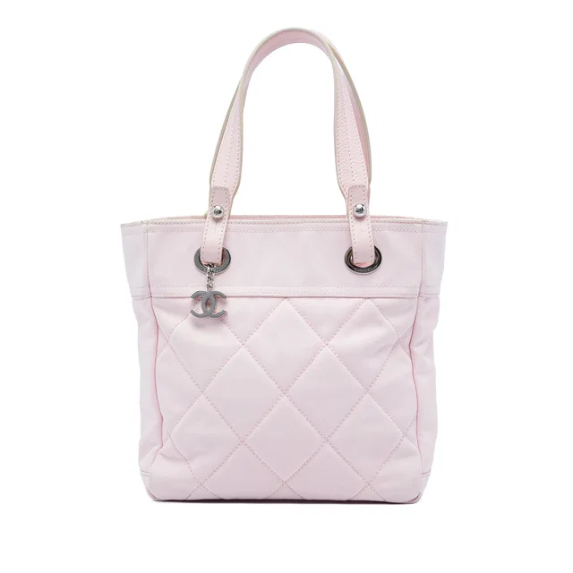 Pink Chanel Small Quilted Canvas Paris Biarritz Tote in Pink Canvas from Designer Revival