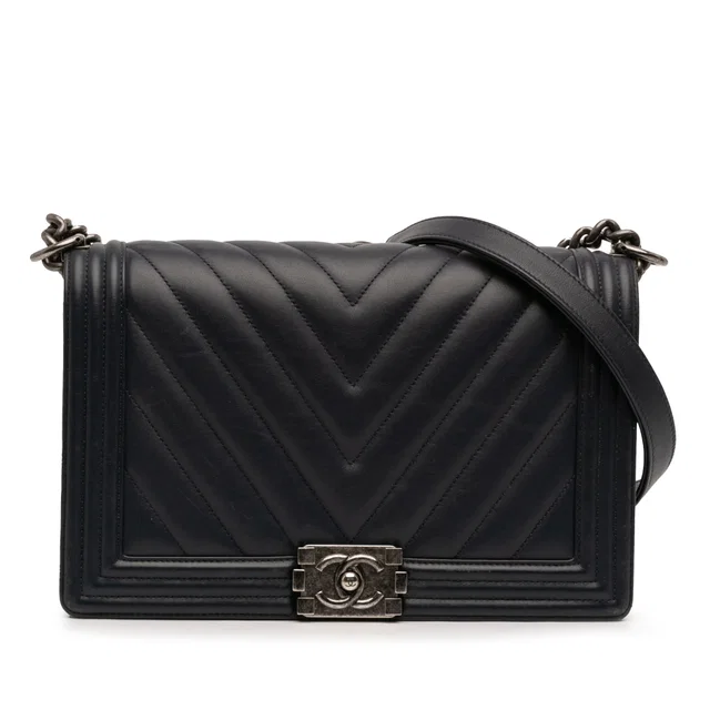Black Chanel Medium Chevron Lambskin Boy Flap Crossbody Bag in Black Lambskin from Designer Revival