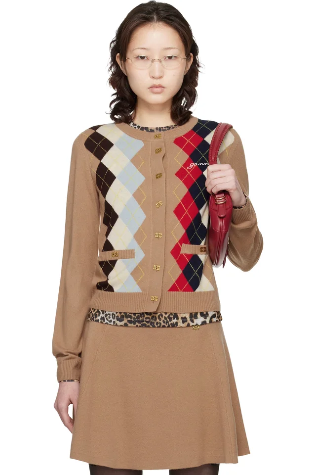 Beige Argyle Print Cardigan