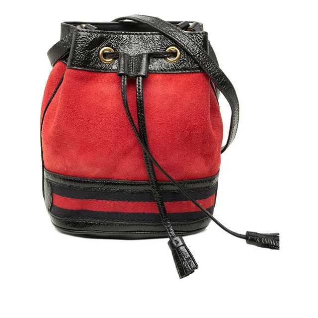 Red Gucci Mini Suede and Patent Web Ophidia Bucket Bag in Red Patent leather from Designer Revival