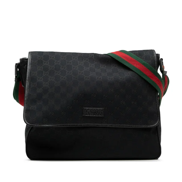Black Gucci GG Canvas Web Flap Messenger Bag in Black Canvas from Designer Revival