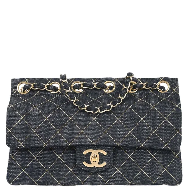 Chanel 2005-2006 Navy Sparkling Denim Chain Through Single Flap Shoulder Bag in Navy Denim from AMORE Vintage Tokyo