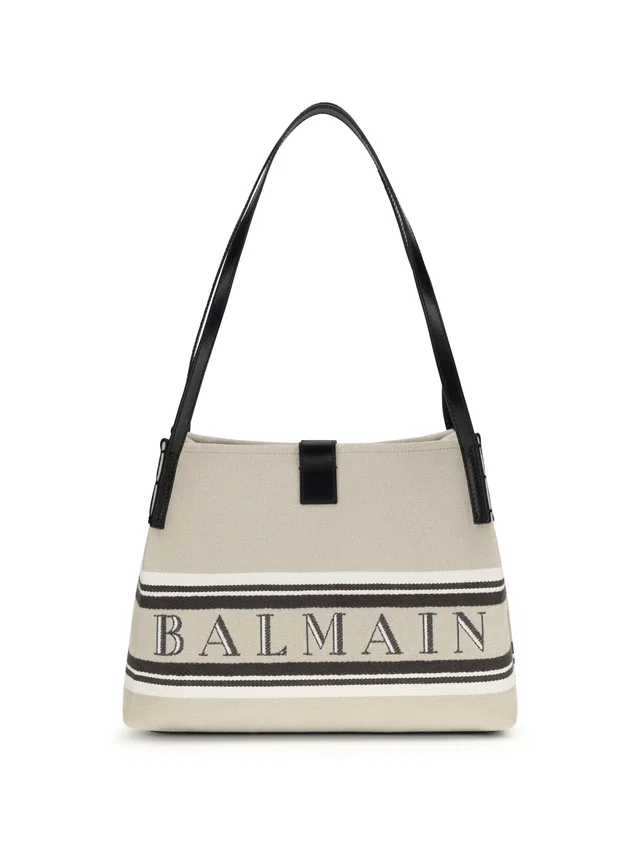 Balmain Canvas Jacquard Logo Shoulder Bag — Beige Cotton; Polyester in Beige Canvas from HEWI