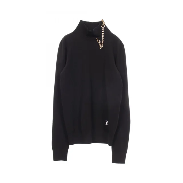 Knit LV Chain Detail Turtleneck Zux Black Rayon Sweater in Black from The Reluxe