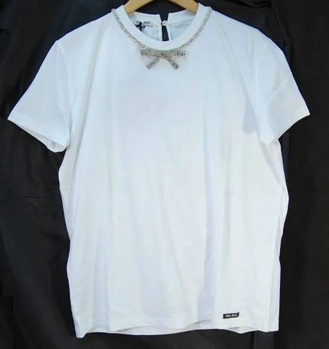 Miu Miu Jersey Diamante Bow T-Shirt White Size: M in White from Oxfam Online Shop