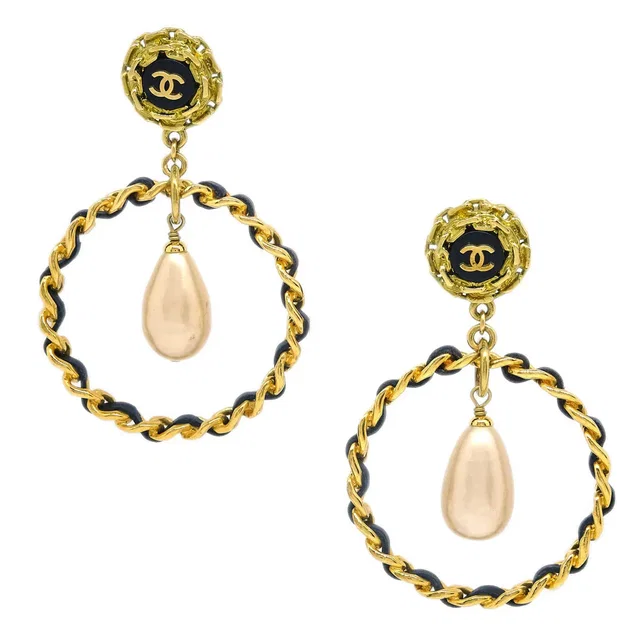 Chanel Dangle Hoop Earrings Gold Costume Pearl Clip-On 95P in Gold Leather from AMORE Vintage Tokyo