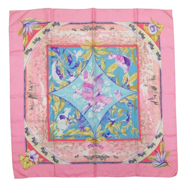 Hermès Tropiques Carre 90 Large Scarf Tropical Animal Silk Twill Shawl Pink in Pink Silk from The Reluxe