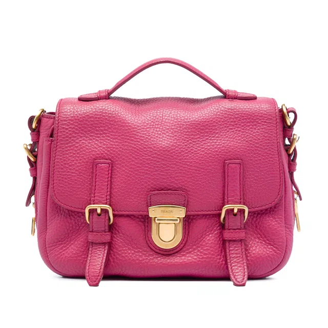 Pink Prada Vitello Daino Push Lock Double Buckle Messenger Bag Satchel in Pink Leather from Designer Revival