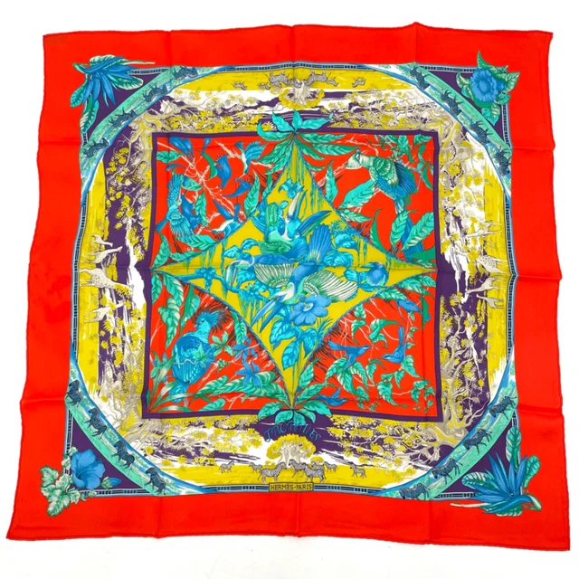 Hermès Tropioues Tropic Red Multicolor Silk Scarf in Red Silk from The Reluxe