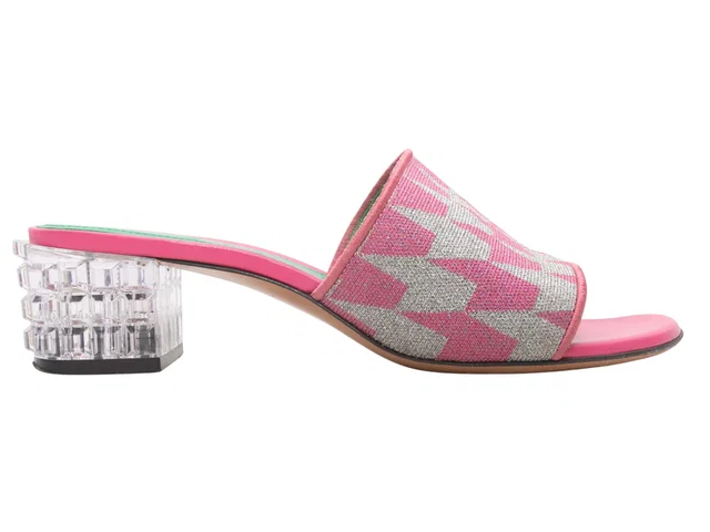 Pink & White Marni Glitter Houndstooth Lucite Heel Sandals Size 37 in White Resin from Designer Revival