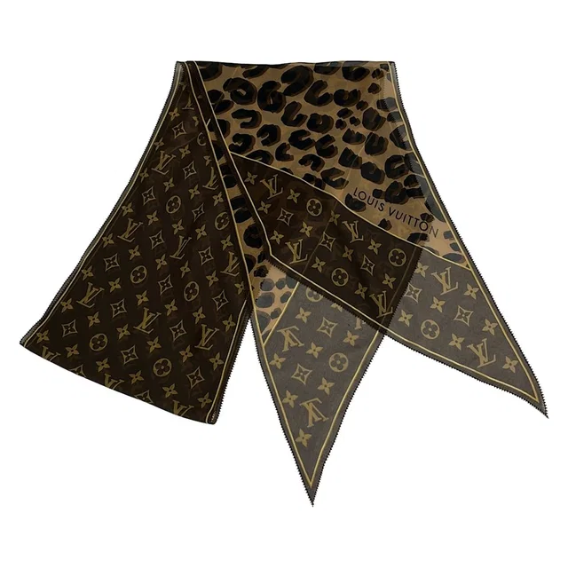 Louis Vuitton Scarf Echarpe Monogram Leopard Dark Brown Beige Black Silk in Black Silk from The Reluxe