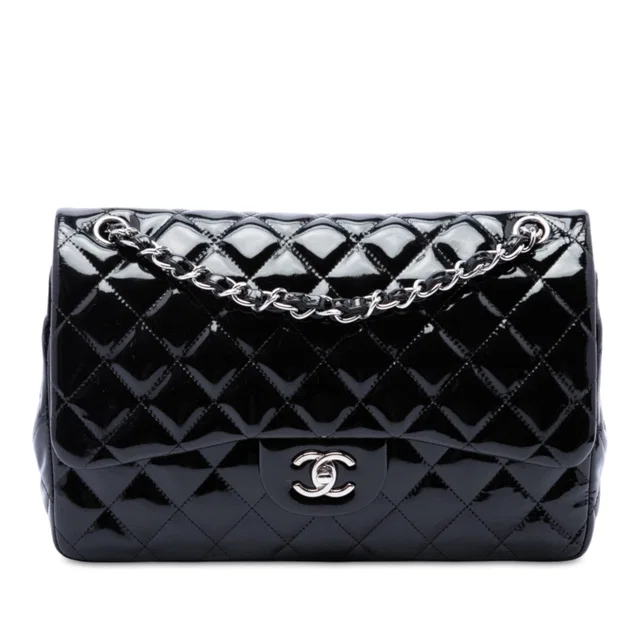 Black Chanel Jumbo Classic Patent Double Flap Shoulder Bag in Black Patent leather from Designer Revival