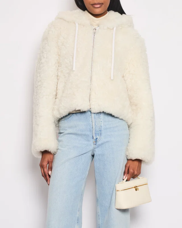 Loewe White Hooded Shearling Bomber Jacket Size FR 38 (UK 10) in White from Sellier