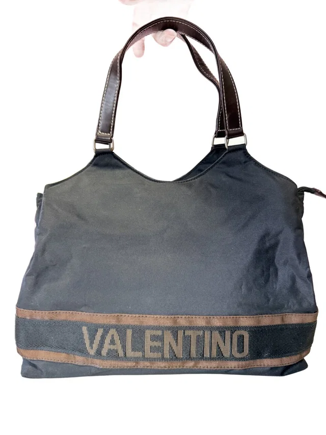 Valentino Garavani Rossa Black Nylon Triple Compartment Shoulder Tote Bag Brown Handles in black|brown|red Nylon from Poshmark