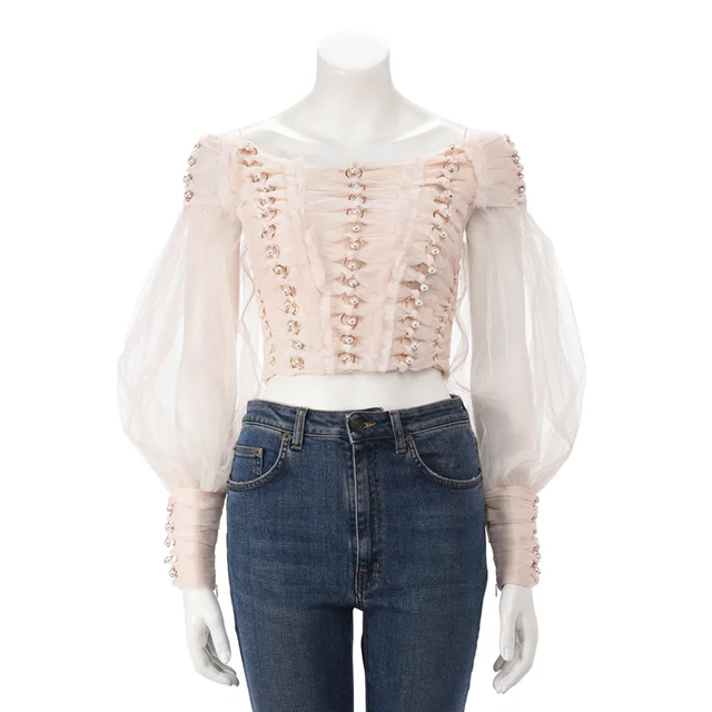 Zimmermann Tulle Rhythmic Chain Pearl Top 0 in Cream from Blue Spinach