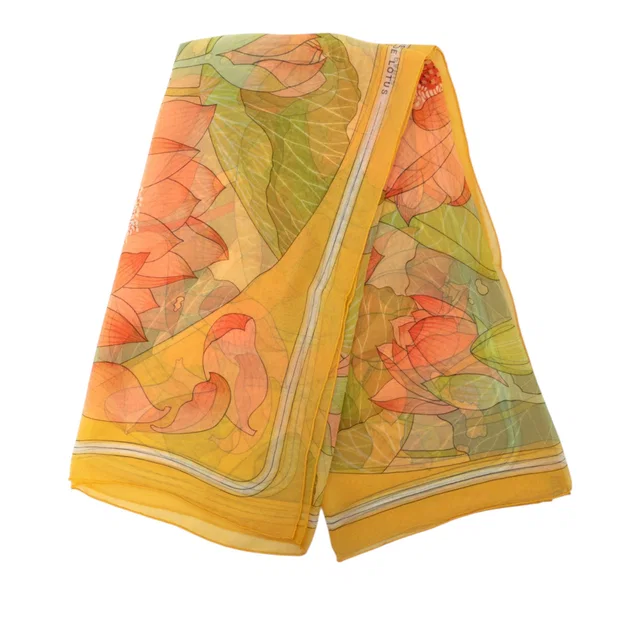 Yellow Hermès Fleurs De Lotus Mousseline Silk Scarf 90 Scarves in Yellow Silk from Designer Revival