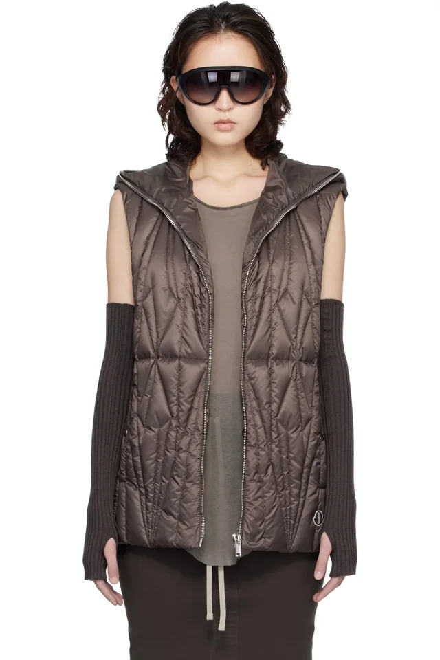 Moncler + Rick Owens Brown Geocamo Ziplock Down Vest, image 1 of 1 from SSENSE