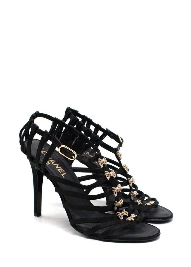 Chanel Black Satin Strappy Heels with Bow Detailing in Black Satin from HEWI