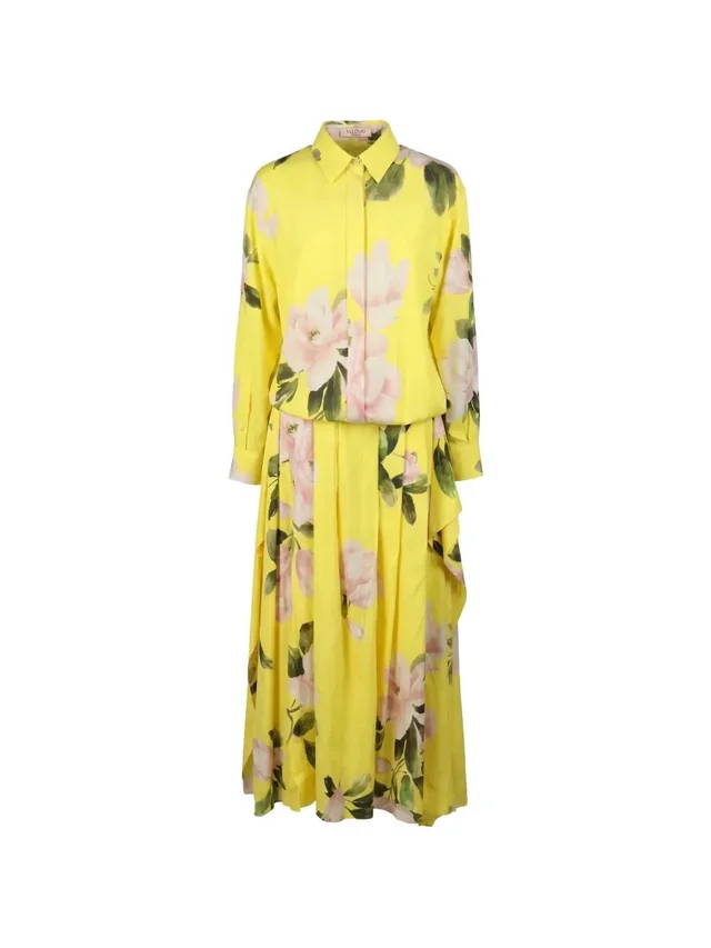 Valentino Garavani Pleated Floral-Print Silk-Blend Midi Shirt Dress in yellow|pink Silk from Poshmark