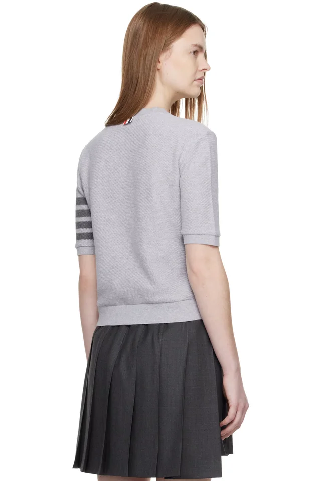 Thom Browne Gray Textured Cotton Pique 4-Bar T-shirt, photo 3 of 4 from SSENSE